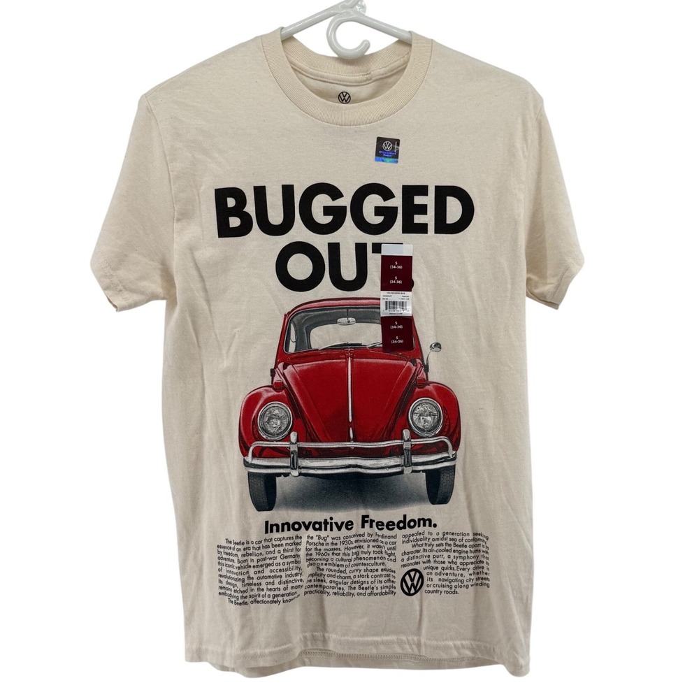 Volkswagen Bugged Out Red Beetle Graphic T-Shirt Mens Small Natural Cotton NEW